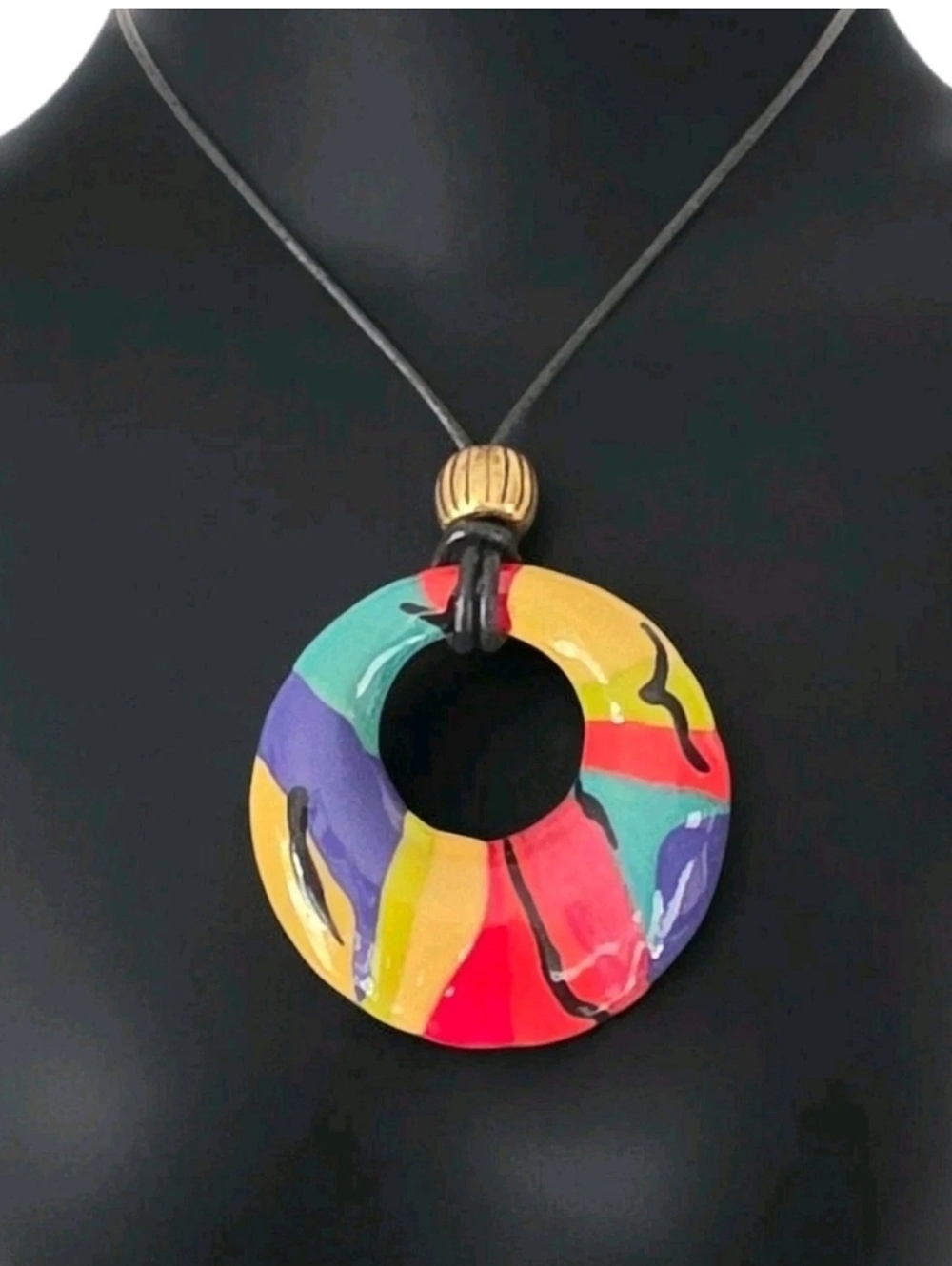 Chico’s Colorful Enamel Donut Pendant Necklace Black Cord Signed 20"
